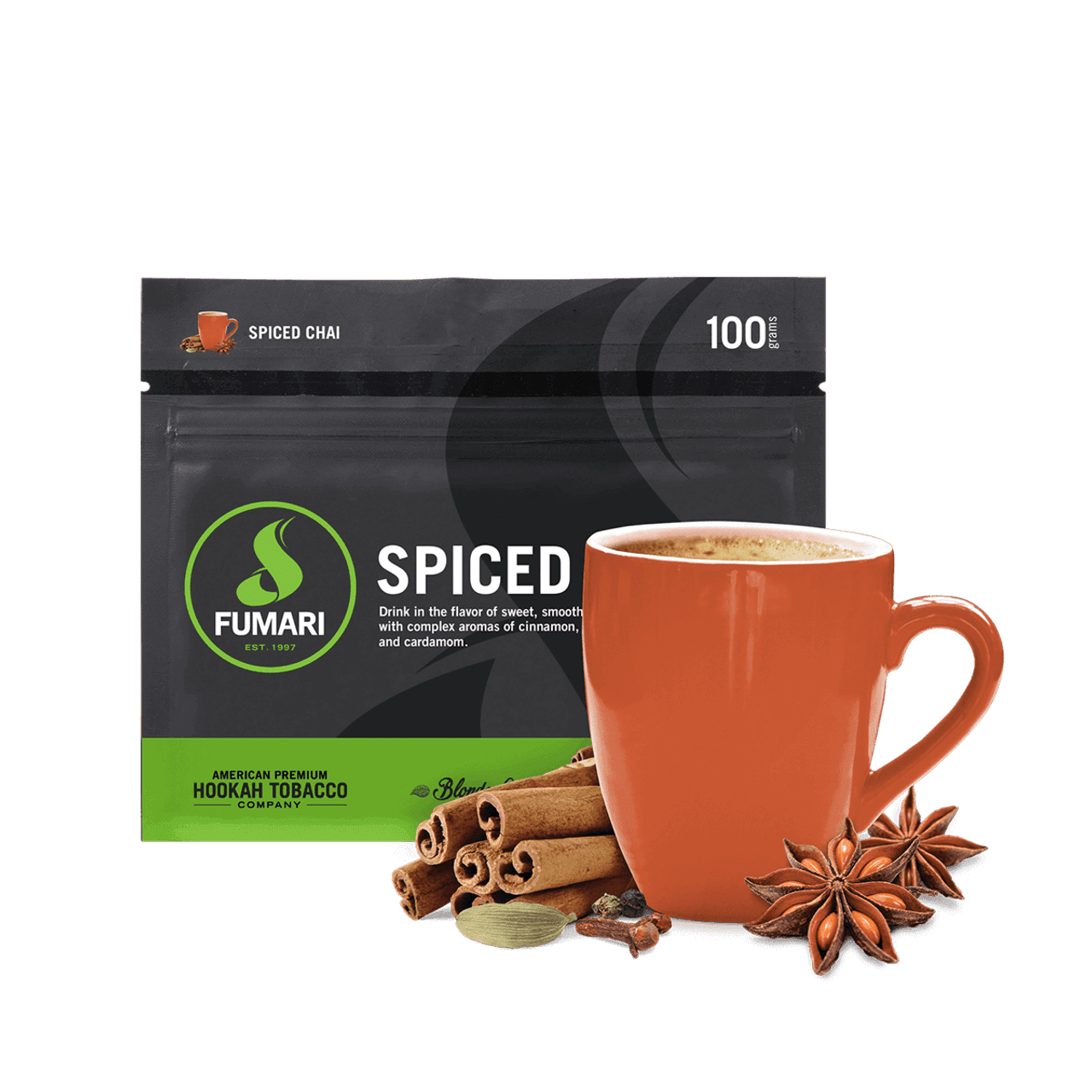 a bag of spiced next to a cup of coffee