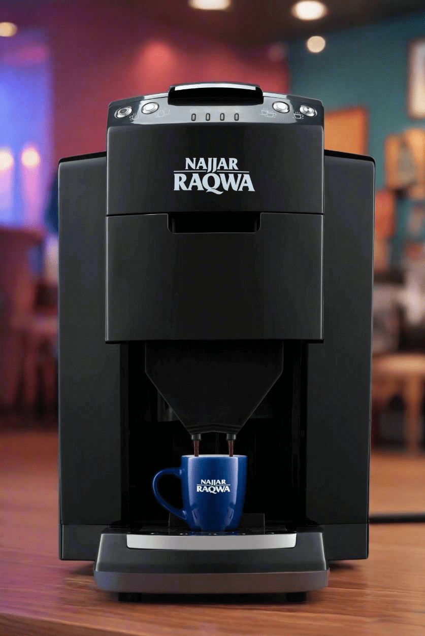 Najjar Raqwa Coffee Machine brewing espresso in a stylish cup, featuring modern design and easy operation.